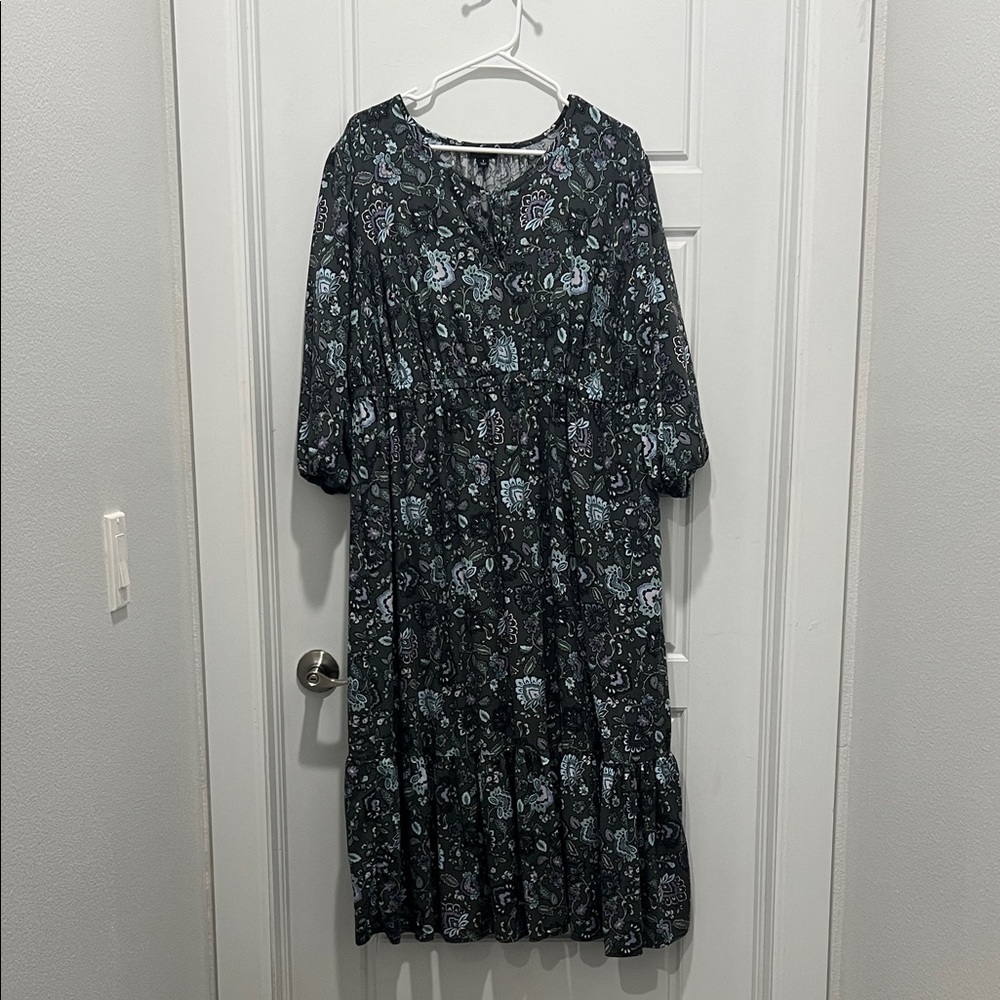 Torrid Elegant Black and Blue Patterned Long Sleeve Dress